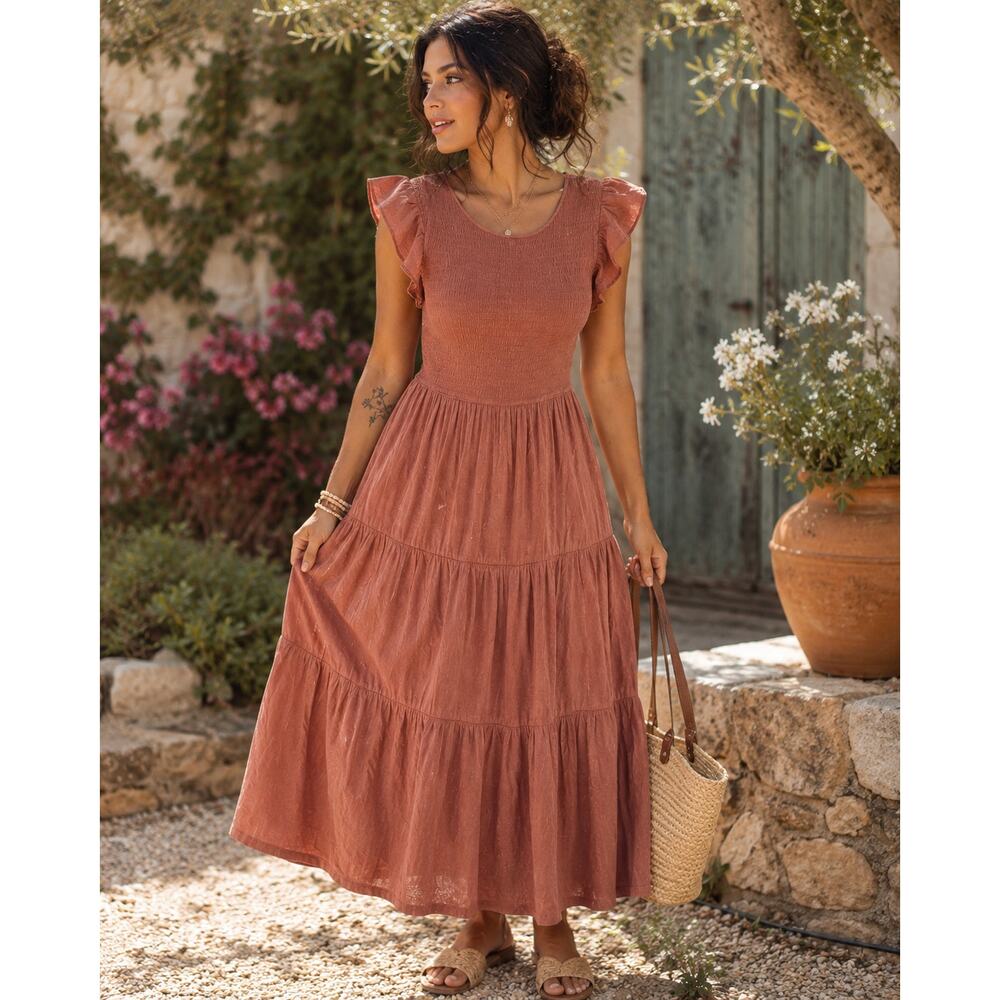By The River Smocked Tiered Maxi Dress Rust Boho Cottagecore Size L